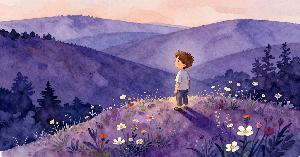 從高處俯瞰班站在山頂上，四周綻放著彩色花朵，蜜蜂已遠去，他沉思著選擇花朵，景色壯闊寧靜。