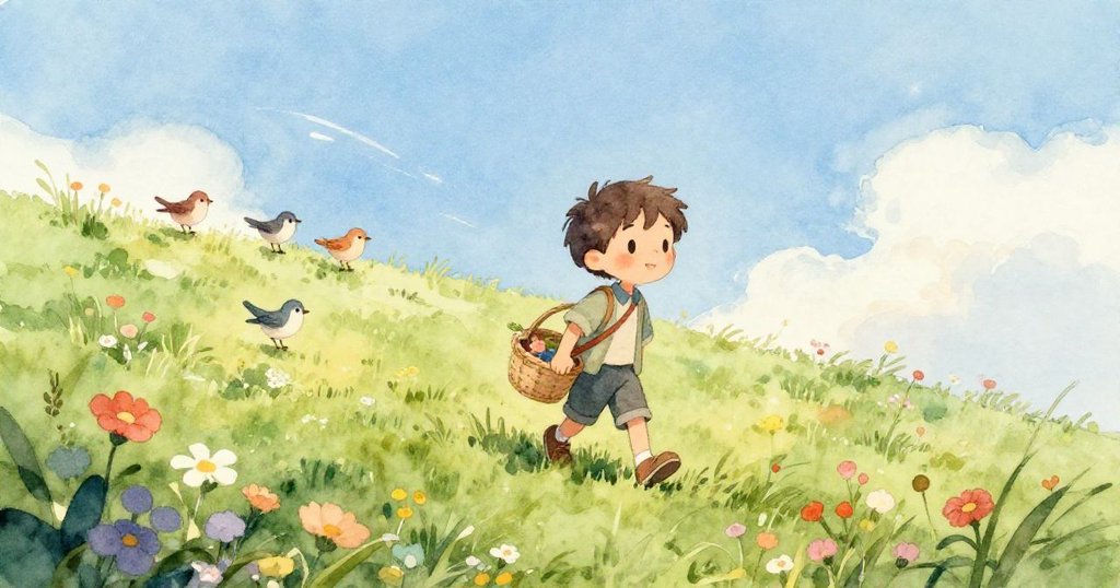 班輕輕摘下一朵花，指尖抓住花梗，金色花粉在溫暖光線中飄散，畫面充滿微妙魔法般的美好。