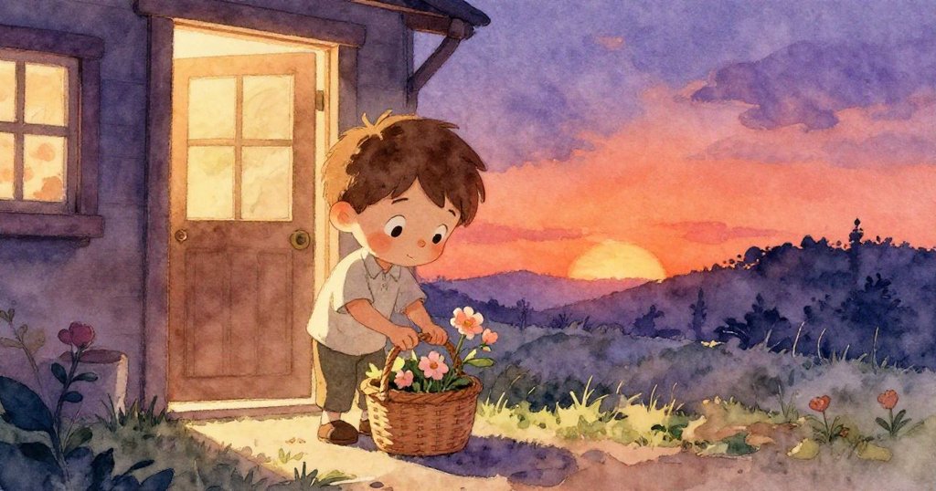 班在柔和晚光中回到家，將珍貴的花輕放入籃中並置於門旁，表情滿足，結束了一天美好而有意義的探索之旅。