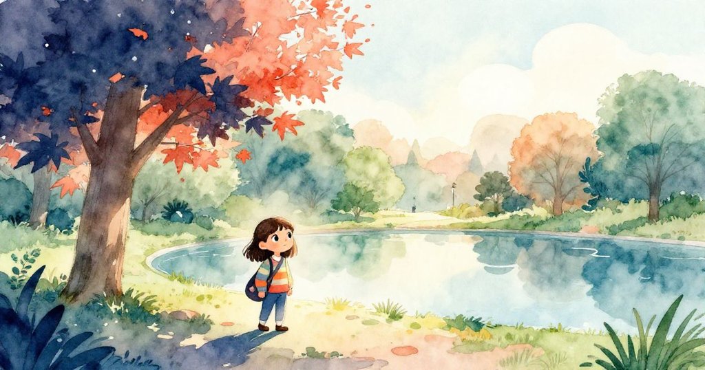 在清晨溫柔的陽光中，Mia走進充滿生機的公園，她背著袋子，樹影與池塘映襯出自然的寧靜和期待。