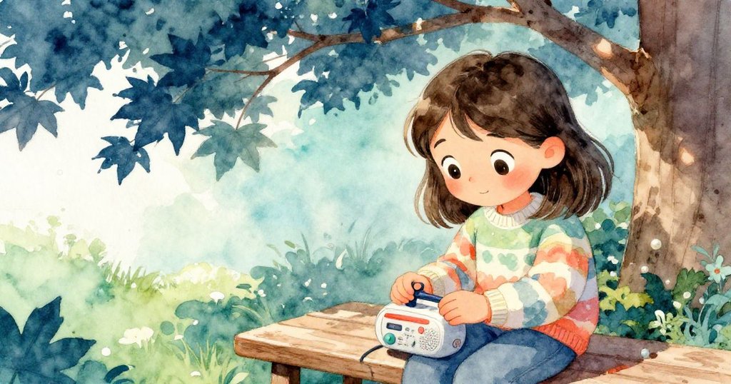 Mia專注地將小型錄音機放在公園老舊的木椅上，她的手輕柔而認真，背景中透著斑駁樹影和早晨光線。