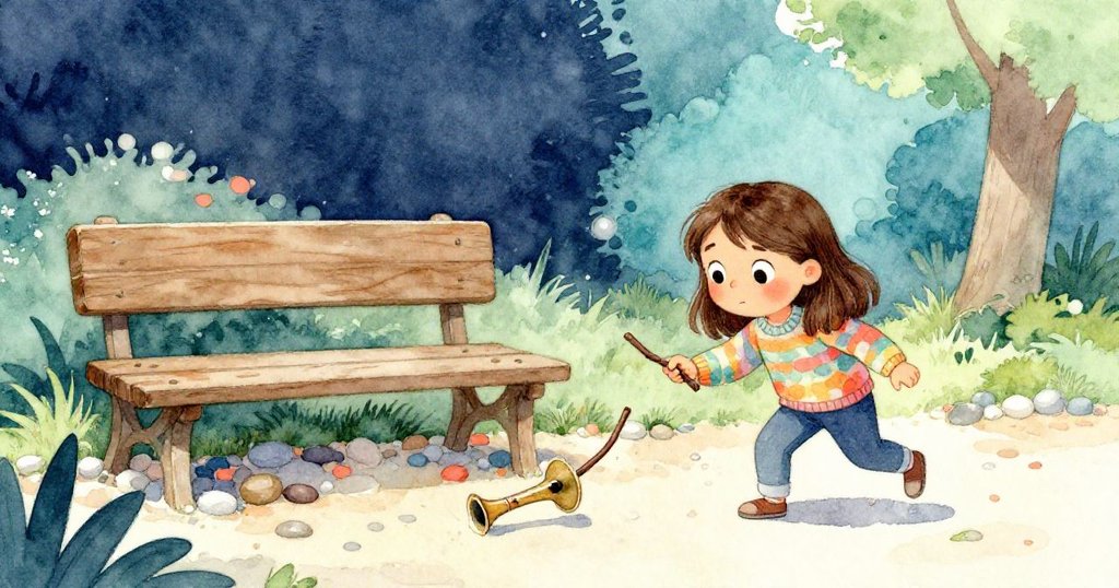 突如其來的微風使錄音機滑落，Mia著急地用細小的樹枝試圖撥回，小小場景中展現她緊張且堅定的眼神。