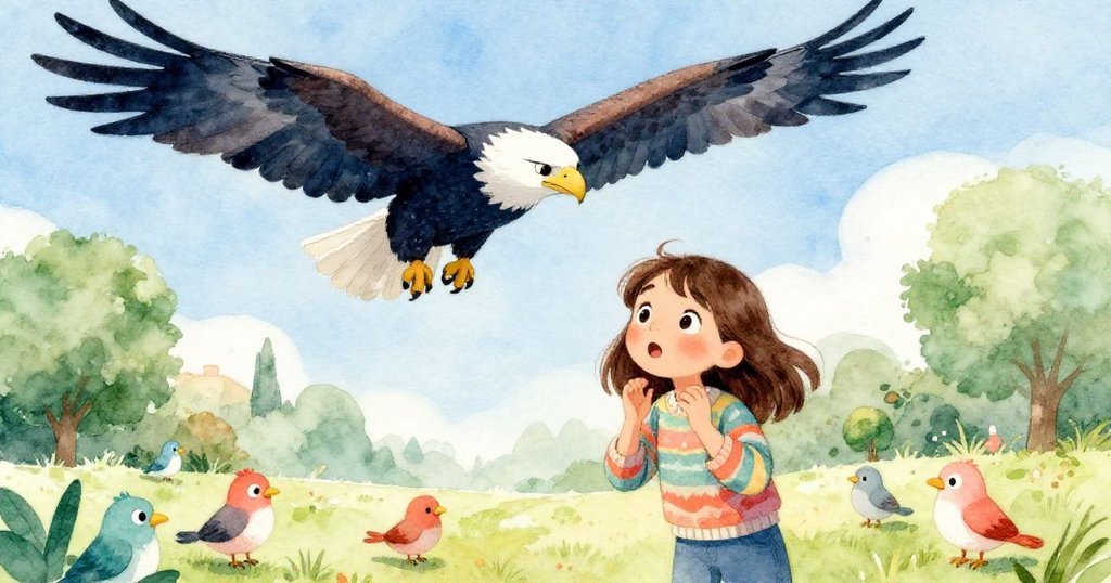 在明亮天空下，高飛的雄鷹突然發出尖叫，Mia驚訝中帶著釋然，旁邊的小鳥四散飛揚，公園景致生動呈現。