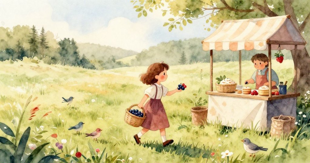 黎娜聚精會神地用雙手輕扶籃子，籃中鮮亮漿果閃耀清晨光芒，展現溫柔與用心