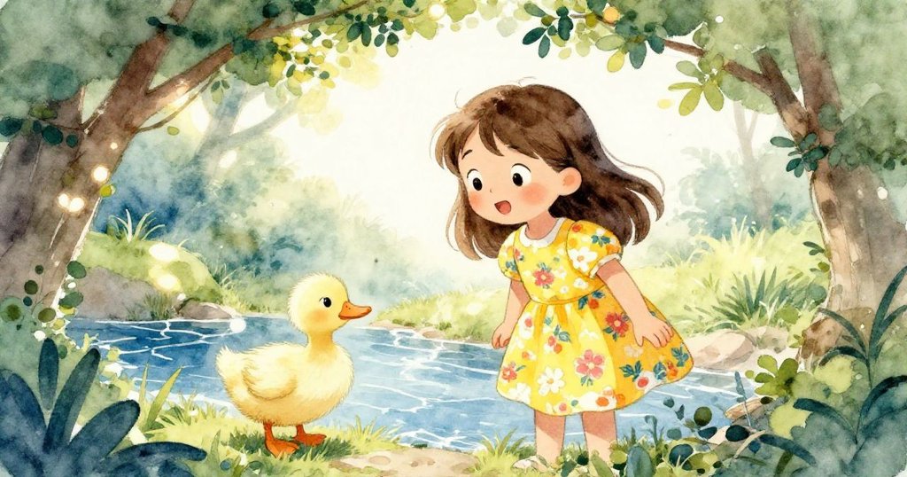 透過低矮籬笆縫隙見到驚訝的黎娜與好奇鴨雛，溪水流淌，陽光斑駁映出森林自然美景