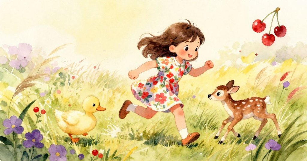 黎娜在搖曳草叢中追趕鴨雛與小鹿，動態奔跑中展露急切與活力，展現自然生趣與互動