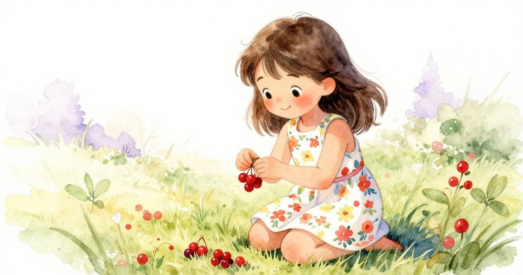 黎娜蹲下仔細收集灑落在青草上的漿果，臉上展露欣慰與專注，光影溫柔映襯著重拾希望的時刻