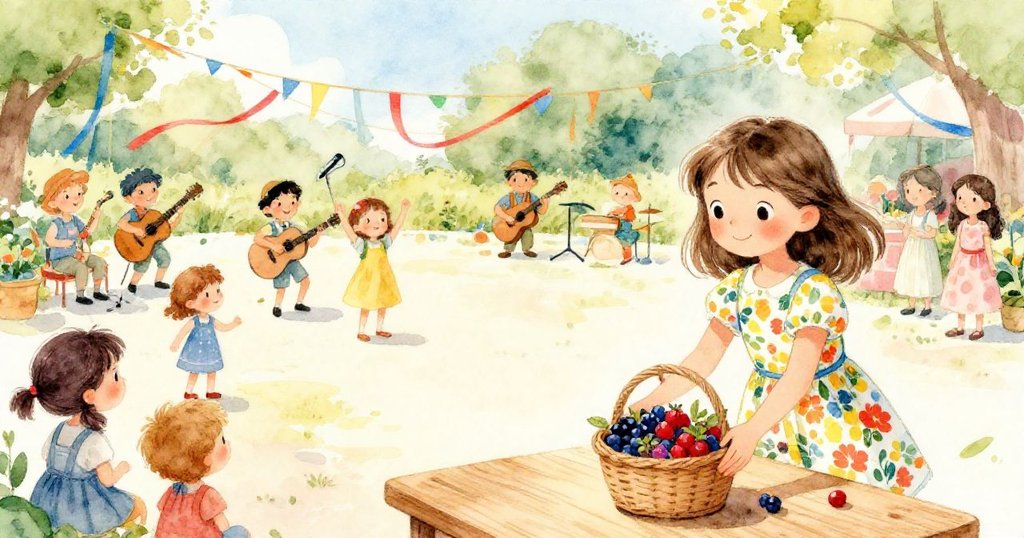 黎娜在節慶廣場將滿載漿果的籃子放在彩帶裝飾的木桌上，臉上流露滿足與寧靜，慶典氣氛歡樂洋溢