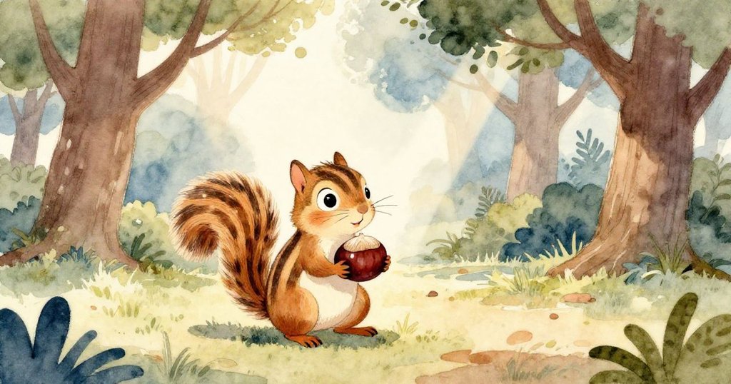 毛色條紋的松鼠Stripe捧著大栗子，坐在陽光灑落的公園中，樹影斑駁，表情平靜充滿期待。