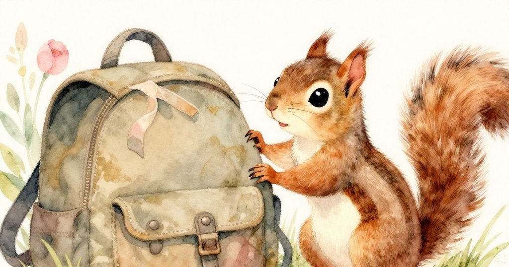 Stripe的小爪子輕觸斑駁背包，絲帶隨風起舞，他神情專注，背景為暖色調的公園長椅與綠意。