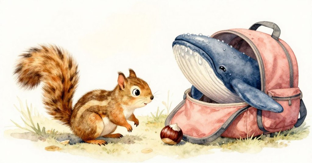 Stripe在草地上警覺地看著栗子滾動，露出濕漉漉小鯨魚於背包旁彈跳，清晨光線柔和動感十足。