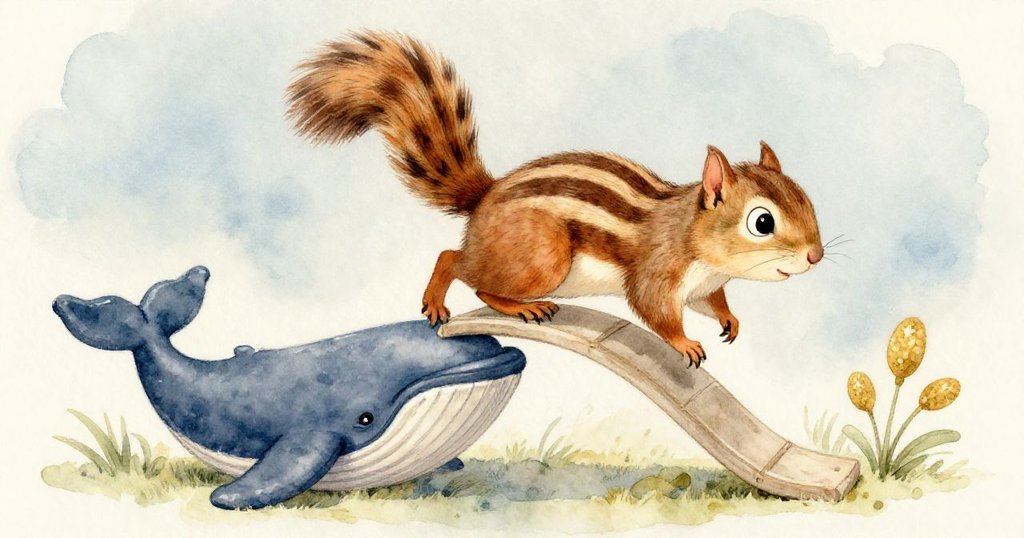 Stripe迅速攀爬彎曲的小鯨魚，鼻尖觸碰冰涼塑料，背景中栗子隱於陰影，他神情堅定追尋寶物。