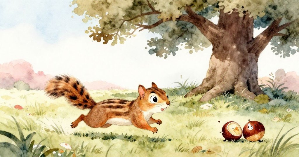 Stripe充滿活力地衝過開闊草地追逐滾動栗子，背景中高聳橡樹與暖光投射出強烈動感與緊迫。