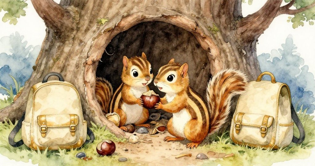 Stripe攀上古橡樹，將寶貴栗子安置於隱秘樹洞中，臉上洋溢成就喜悅，室外背包靜臥在溫暖光影下。