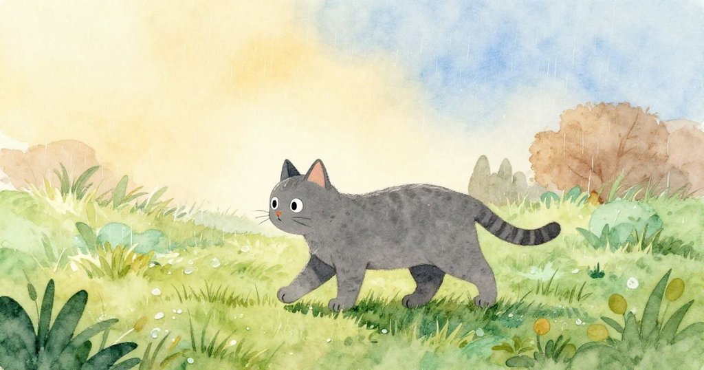 灰色的貓咪在青翠草地上輕輕行走，雨滴灑落，天空清涼，展現平和與溫柔的早晨氛圍