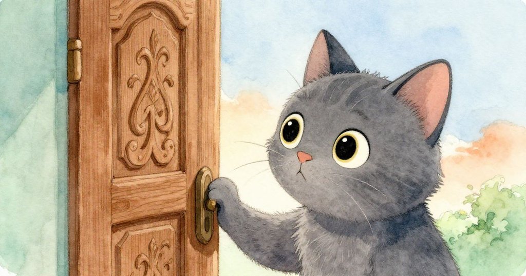 灰色貓咪停下來，專注地注視著一扇刻有木雕細節的房門，眼神充滿好奇與期待