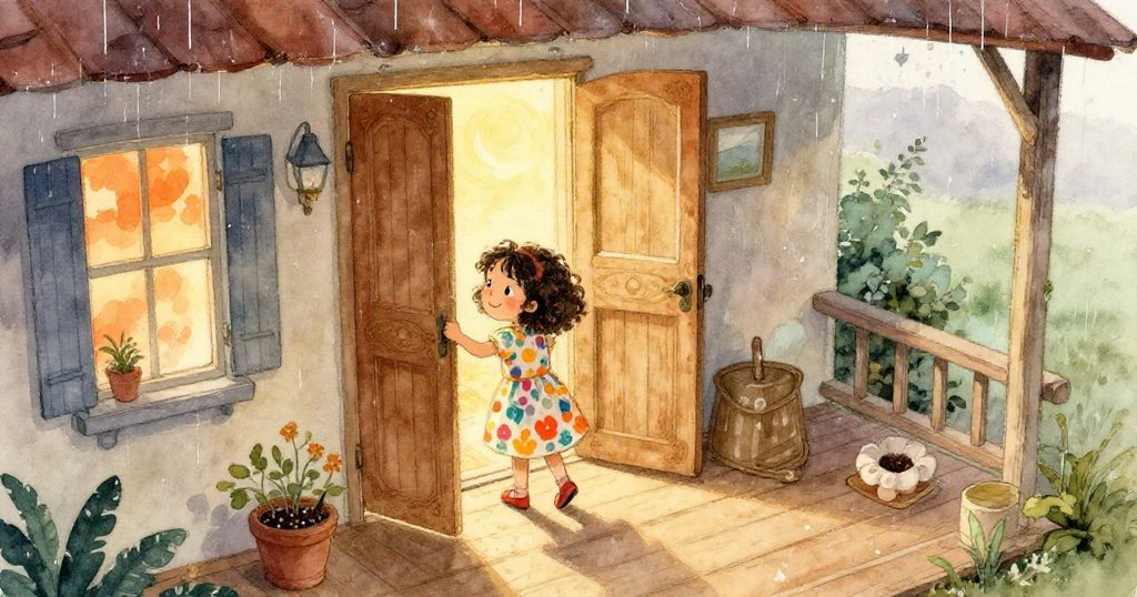 屋外雨中，從高處觀望，女孩開啟雕刻精美的門，溫暖燈光灑落，創造出室內外溫馨對比