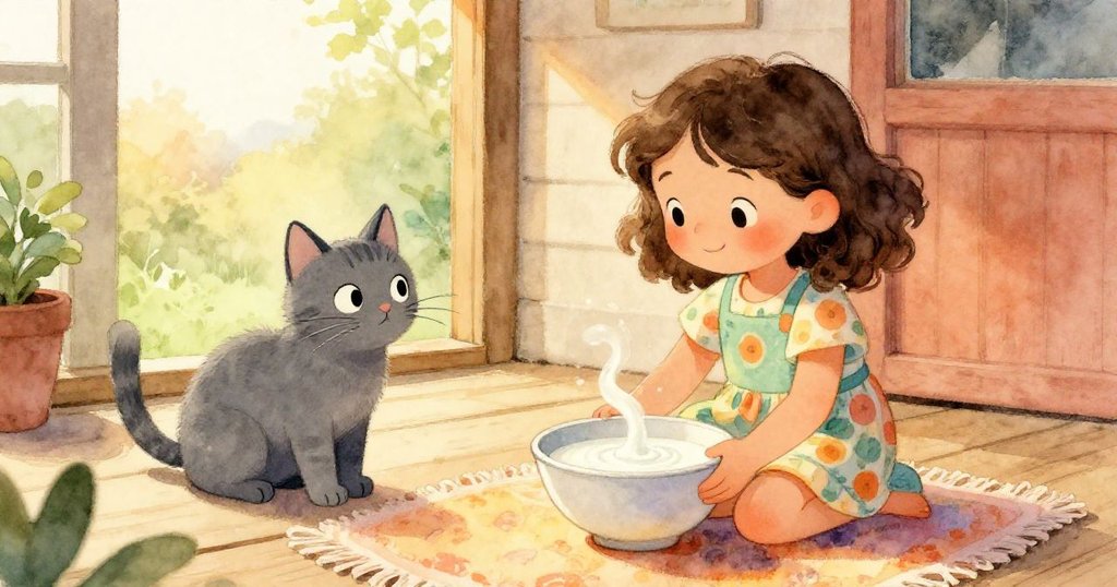 女孩在溫暖的門廊內擺放盛滿牛奶的碗和柔軟地毯，灰貓躊躇著步入，眼神中透出驚奇與期待