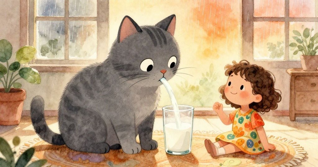 灰貓安靜坐在舒適的地墊上飲牛奶，旁邊女孩溫柔陪伴，窗外細雨斜灑，室內暖意融融