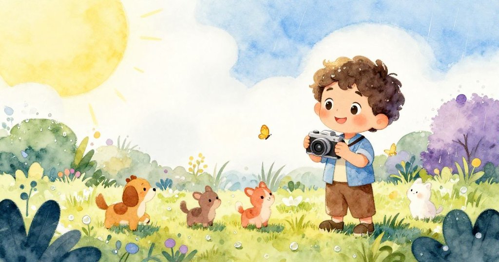 在雨後晴空花園中，Leo站在多隻小動物間，手持相機探索，表情充滿期待與喜悅，環境明亮宜人。