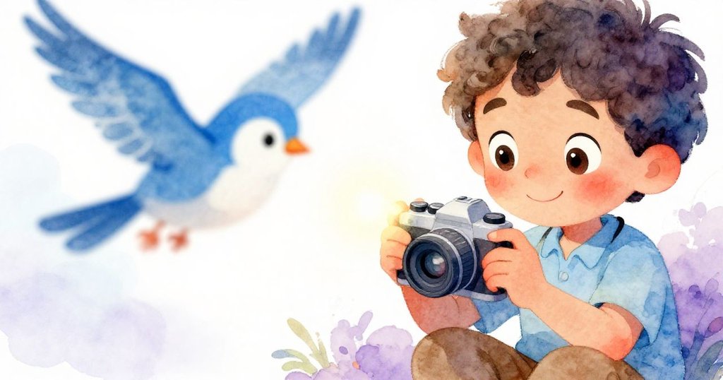 Leo近鏡頭專注檢視相機，閃爍燈光映出藍鳥剪影，神情好奇而堅定，充滿探索意味。