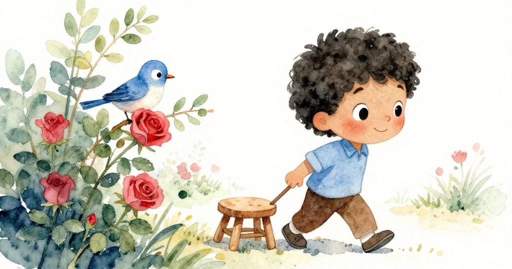 從Leo背後望去，高大灌木和攜帶的凳子展現花園細節，紅玫瑰輕撫身旁，景色生動迷人。