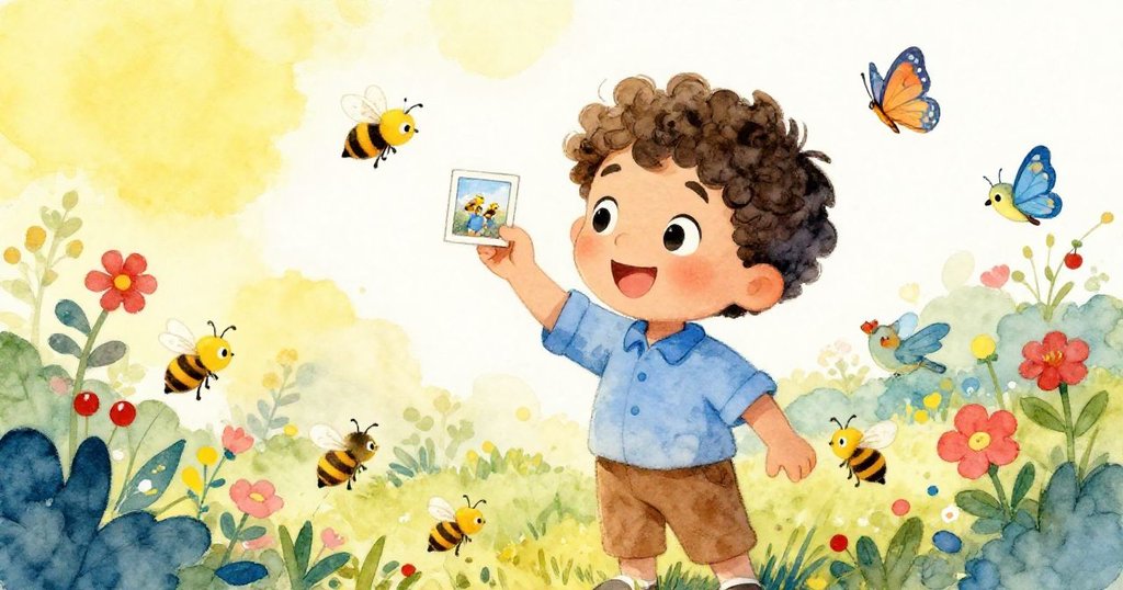 Leo成功拍照後，花園裡的蜜蜂、蝴蝶與小鳥圍繞慶祝，畫面充滿歡樂與共鳴情感。