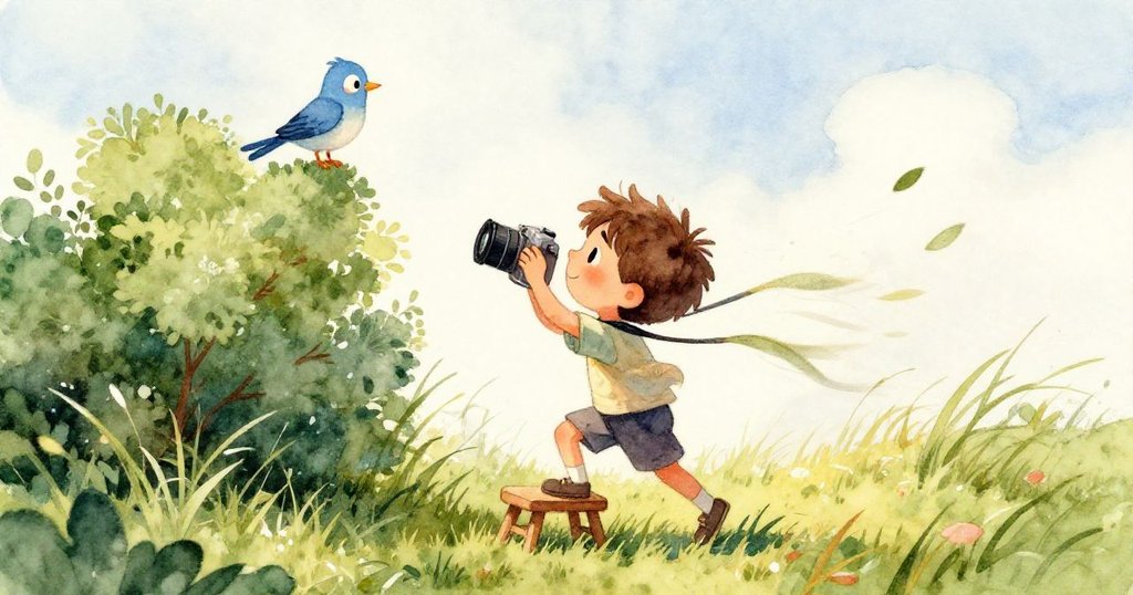 藍鳥振翅飛向樹枝，閃爍相機光與銀色反光交織，象徵探險與自然奇遇。