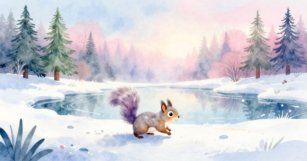 小松鼠在晨曦中快步走向池塘，帶著好奇與期待的表情，在溫暖陽光照耀下，展現大自然的寧靜美景。