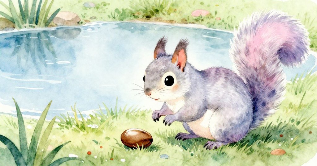 小松鼠俯身近距離觀察池塘邊濕草上的種子，臉上流露出驚喜與好奇，背景呈現藍白自然光影細節。