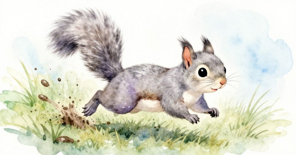 從高處俯視，小松鼠在濕滑的草地上急速奔跑，泥巴和水滴點綴其毛皮，表情顯露出焦急與不安。