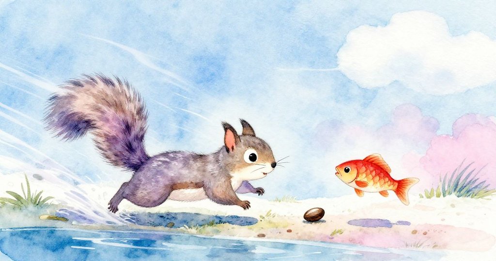 小松鼠急衝追逐隨風滾動至水邊的種子，活潑魚兒在水中輕觸種子，畫面充滿急迫與戲劇性的戶外動感。