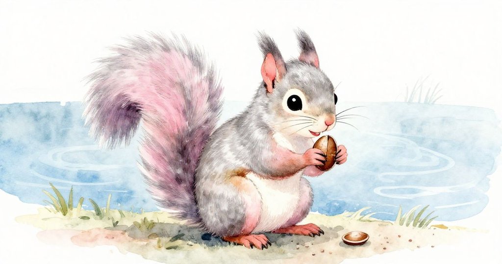 小松鼠滿足地坐在池塘邊，穩守著身旁的種子，用牙齒輕啃堅硬殼體，臉上流露出愉悅與平靜，現場充滿溫暖與和諧。