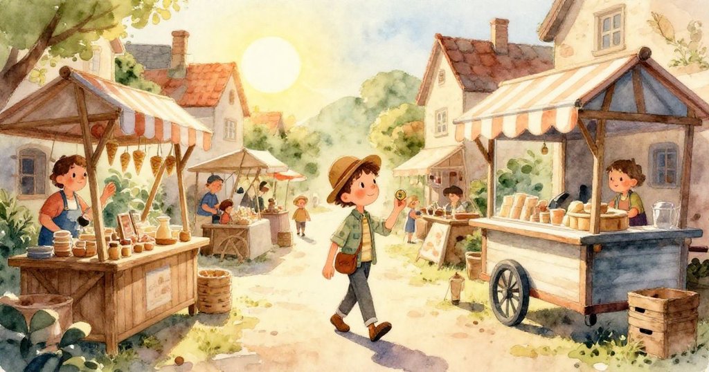 山姆專注握住地上滾動的紅蘋果，細緻手法展現溫柔與好奇，和果籃木質紋理相映成趣。