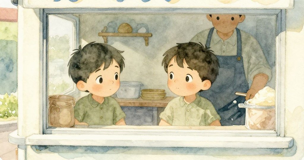 冰淇淋車玻璃窗反射出山姆與攤販，窗戶齒輪逕開瞬間展現期待與驚喜情感。