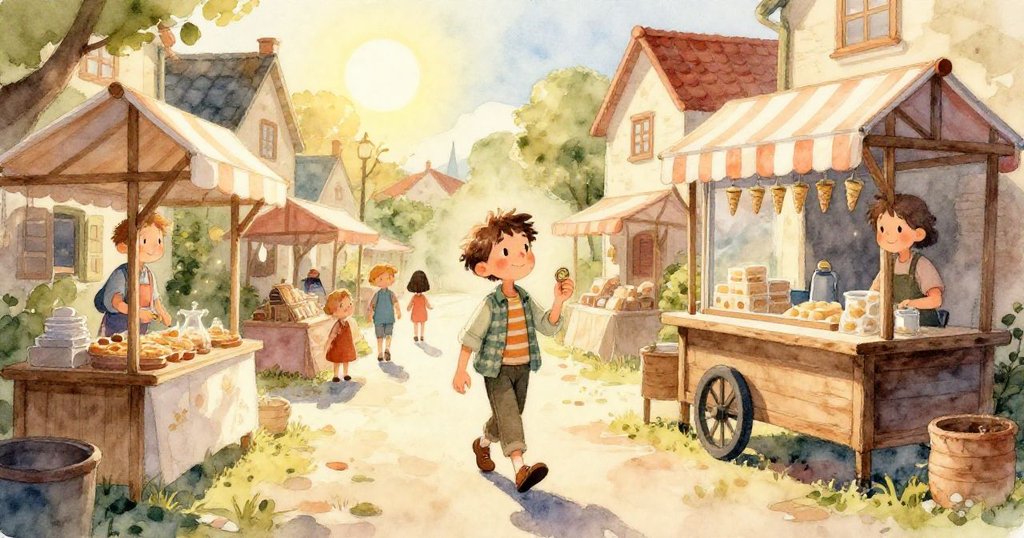 在冰淇淋車內部細緻空間，攤販開始準備，山姆輕放蘋果於櫃台，氛圍溫馨柔和。