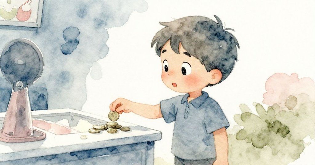 山姆滿懷期待地將小銅錢放在櫃台上，臉上微帶緊張與渴望，等待美味冰淇淋。