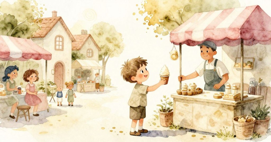 全景展示村莊市場溫暖場景，攤販笑容可掬遞上香草冰淇淋，山姆滿面喜悅收穫甜蜜時光。