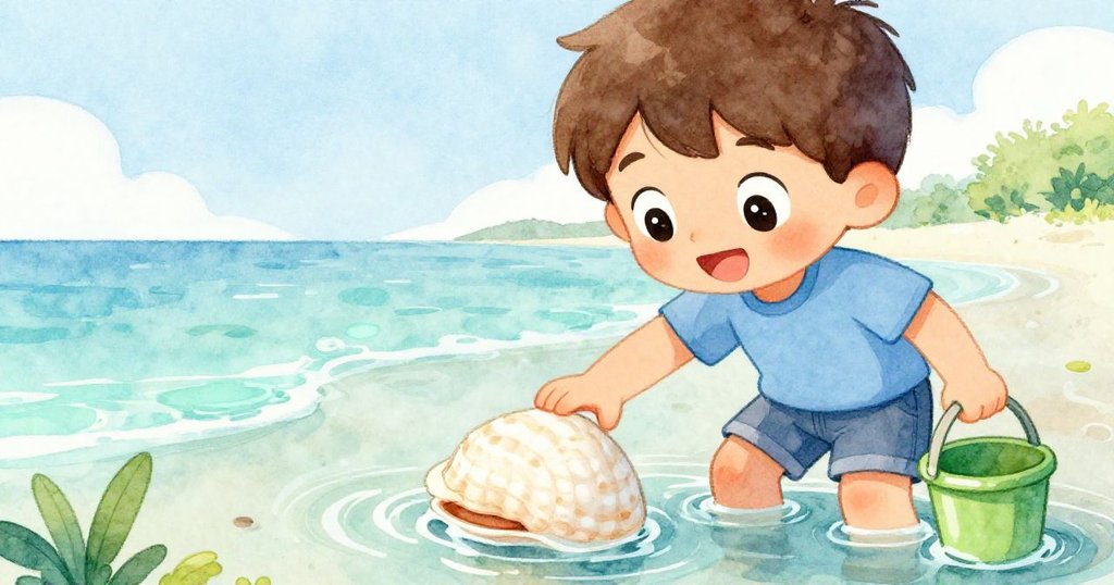小男孩Leo在淺水區發現光滑發亮的貝殼，臉上充滿驚奇和喜悅，專注觀察貝殼，水面閃爍著反光