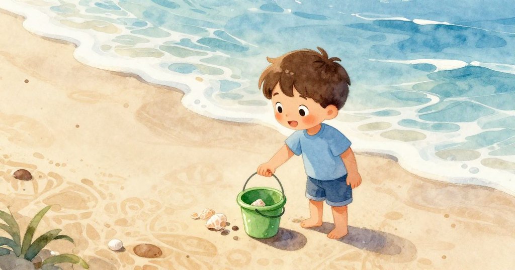 從高處俯視，小男孩Leo彎腰拾取閃光貝殼，綠色的小桶旁散落著更多貝殼，海浪有序拍打岸邊，畫面溫暖而生動