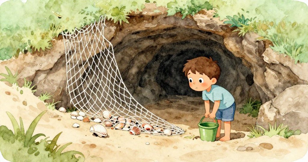 小男孩Leo在沙丘後發現隱藏的角落，神秘的漁網覆蓋著散落的貝殼，他好奇地俯身觀看，背景有沙丘和稀疏植被