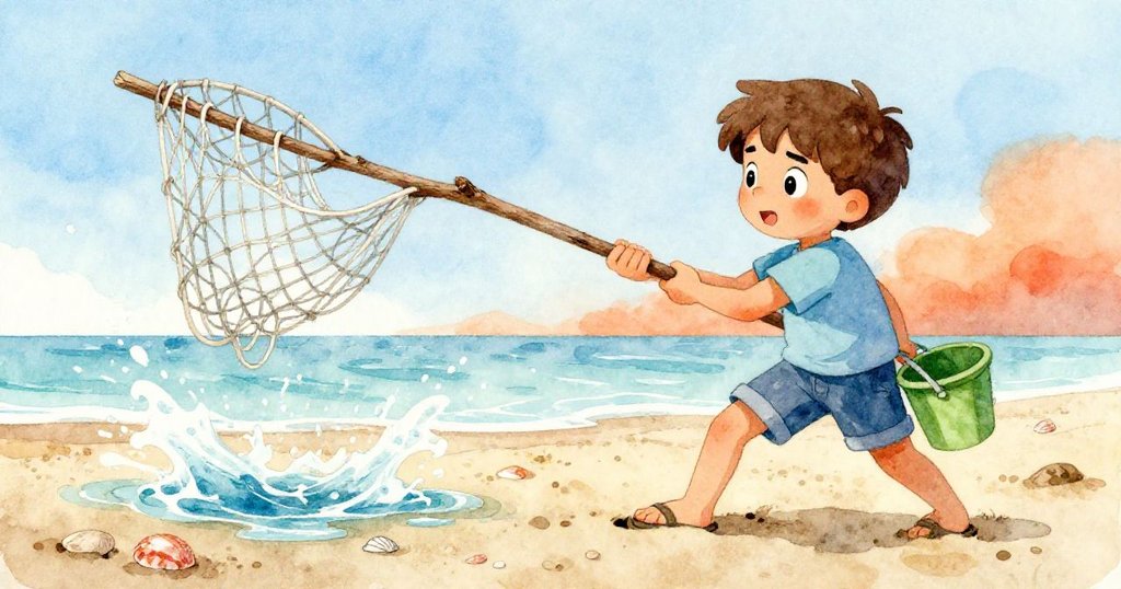 小男孩Leo在沙灘上努力用長樹枝拉漁網，奮力解救被捲起的貝殼和漂流物，臉上顯露出堅定和挑戰精神