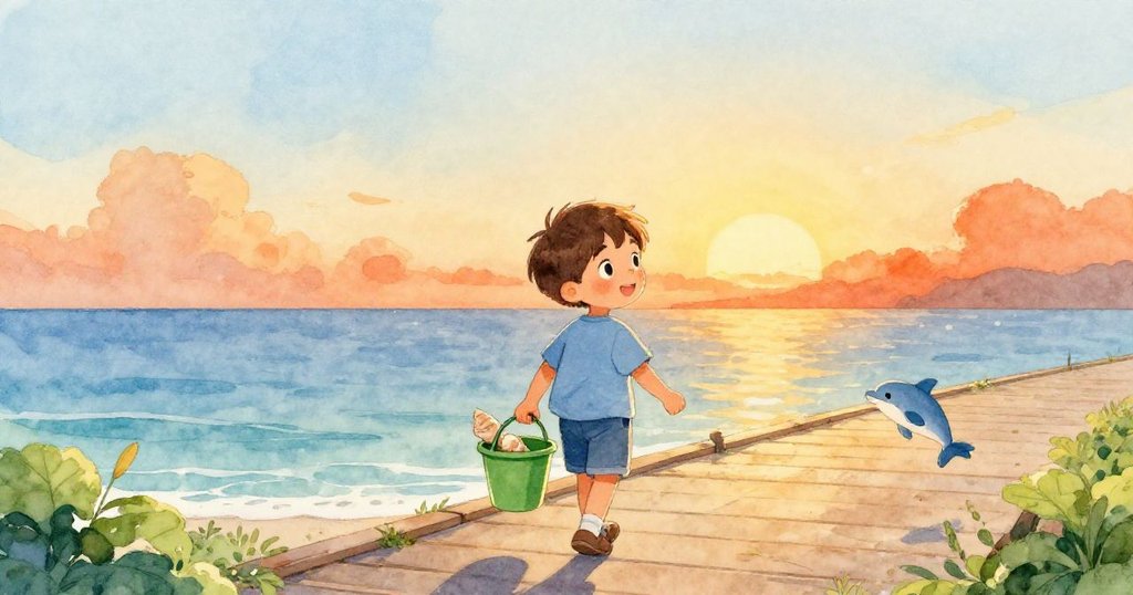 夕陽餘暉照耀海灘，小男孩Leo滿臉笑容提著裝有貝殼和亮麗海豚玩具的綠桶走向木棧道，背景平靜海洋與溫暖夕光相映