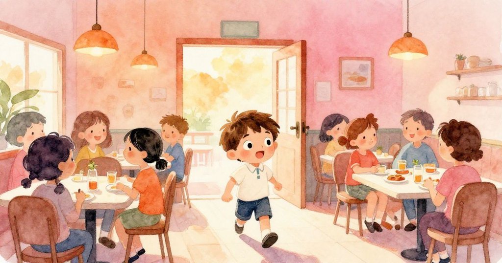 Leo 走進Sunny Spoon餐廳,眾人熱情迎接,室內充滿溫暖晨光與快樂氣氛,他滿懷期待。