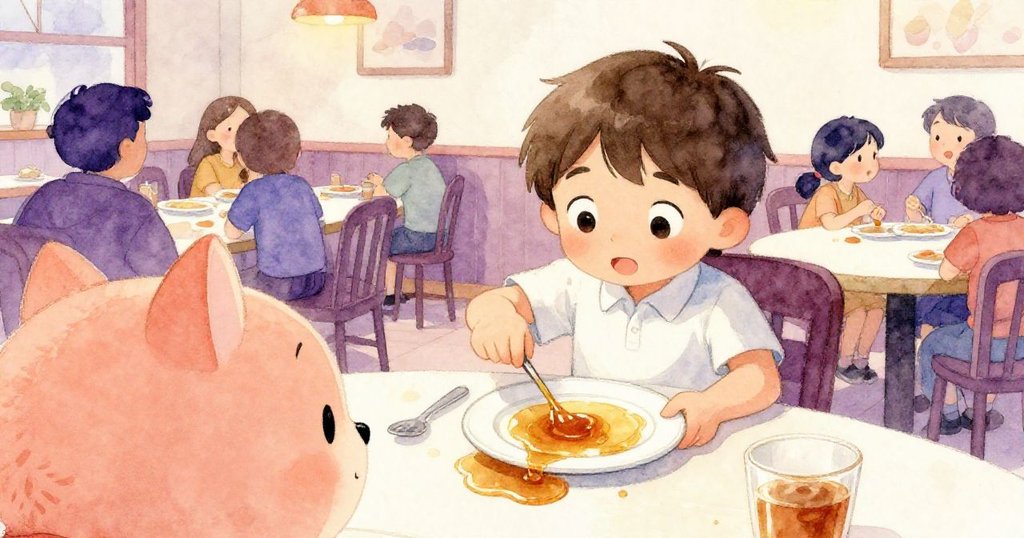 從小動物視角看見Leo急救掉落盤子,糖漿濺落桌面,周圍人群迅速避讓,混亂中帶著關懷。