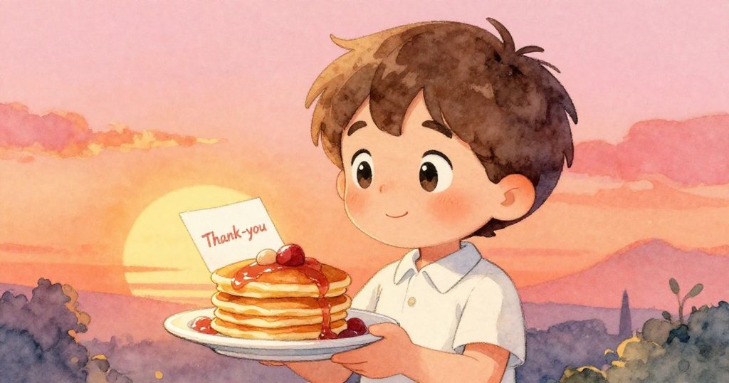 Leo 目光溫柔注視著新鬆餅和感謝卡,內心充滿決心與感激,背景金色光暈襯托暖意。