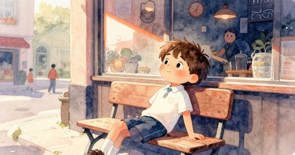 Leo 坐在餐廳外長椅上休息,眼神平靜滿懷溫暖感激,陽光灑落街道,氛圍悠閒安寧。