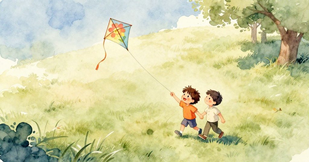 山姆與李在寬闊草地上行走，風箏鮮豔飛舞，陽光普照，充滿活力與期待。