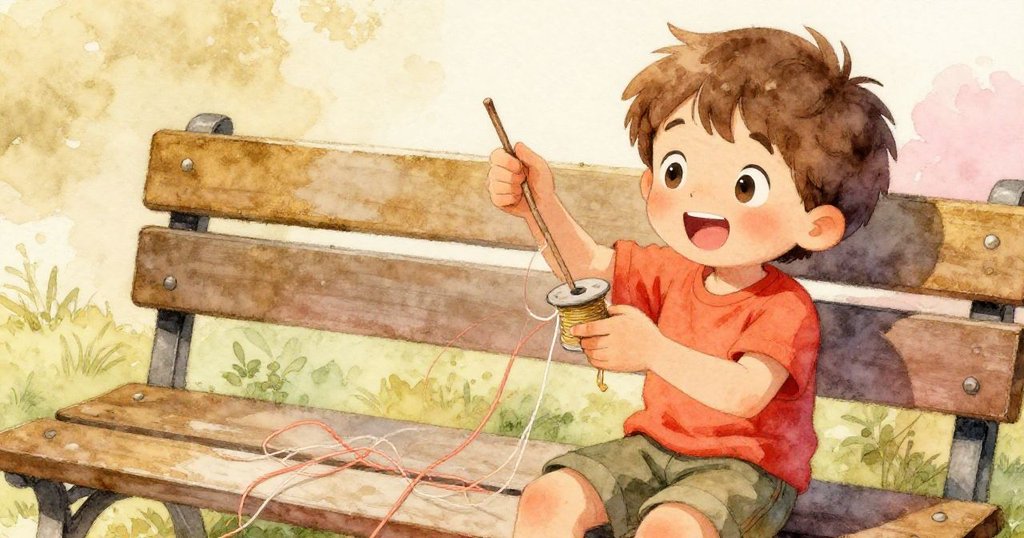 山姆蹲下仔細檢查纏結的風箏線，雙手握住線軸和小木棍，表情專注，背景呈現公園一角。