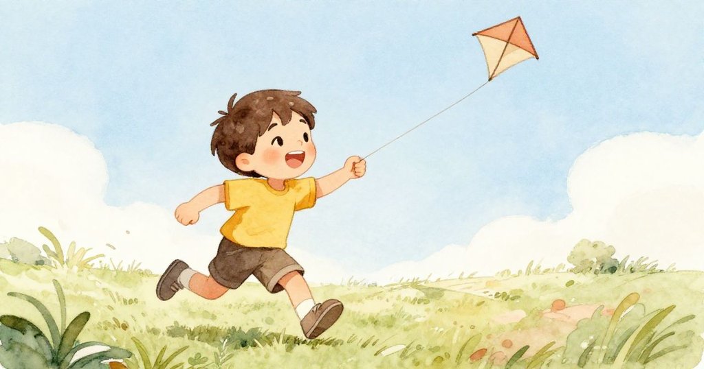 低角度呈現山姆奔跑中，仰望高飛風箏，充滿興奮與自信，背景為綠地與藍天。